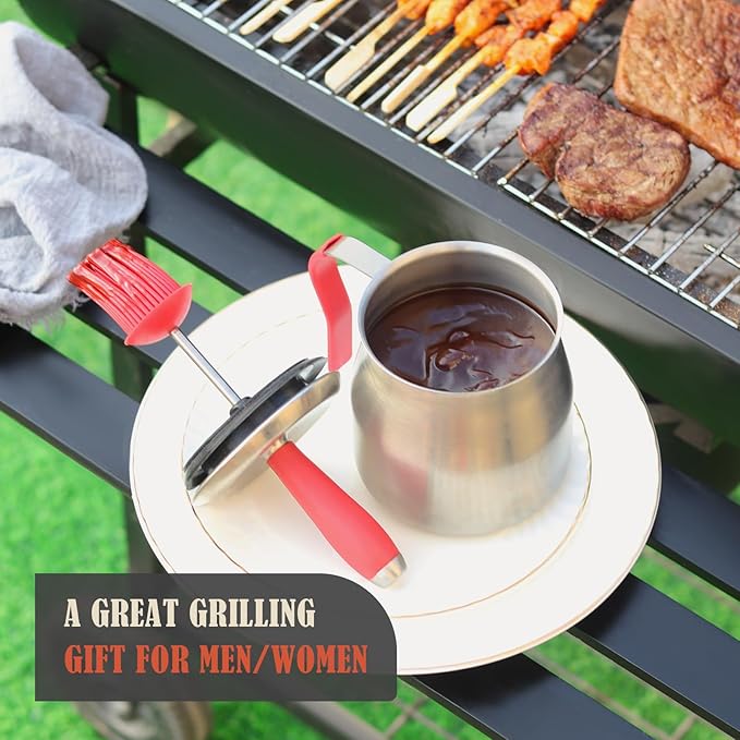 32 OUNCE BBQ Basting Pot with Brush，Grilling Gifts for Men/Women，Stainless Steel 304 Barbecue Sauce Container Brush Set，Airtight Melting Pot for Grill,Kitchen，Camping