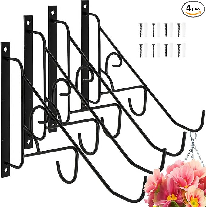 4 Pack 10 Inch Plant Hanger, Hand-Forged Outdoor Wall Plant Hooks, Indoor Hanging Plant Bracket for Flower Basket, Lantern, Bird Feeder, Wind Chime, Doorplate, Fence