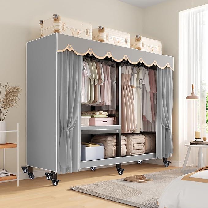 FPIGSHS Heavy Duty Clothes Rack with Cover 2000LBS Foldable Portable Wardrobe Closet for Hanging Clothing Rolling Garment Rack on Wheels for Bedroom Closet System (D(Gauze Curtain Cover, 59in)
