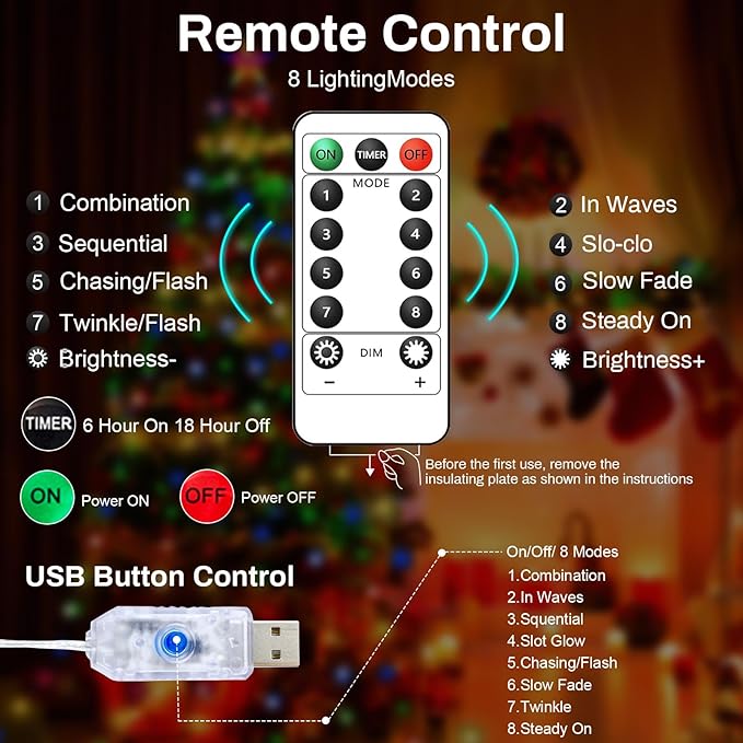 50LED Fairy Lights USB & Battery Powered 2Pack, 16FT Mutilcolor Fairy String Light with 8 Mode & Timer, Cuttable Copper Wire Waterproof Twinkle Light Indoor Outdoor for Bedroom Wedding Christmas Decor