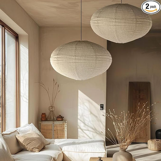 2PCS 20inch Oval Linen Pendant Lamp Shades ??Handmade Fabric Light Covers for Garden, Patio, Boho Living Room, Artistic Bedrooms, Minimalist Decor for Creatives & Aesthetic Homes
