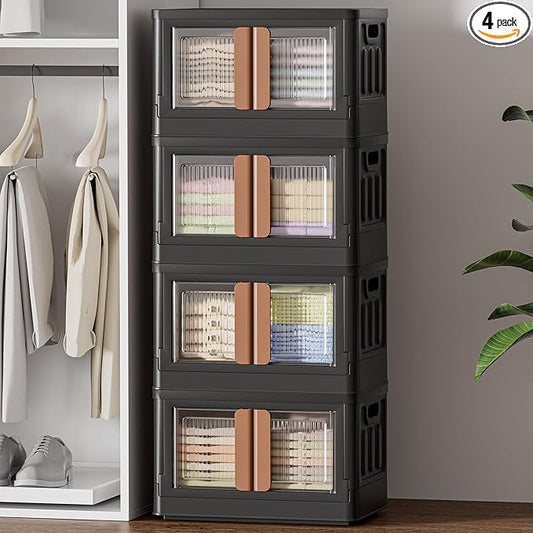 HAIXIN Storage Bins with 4 Lids - 8.4 Gal Closet Cabinet 4 Pack Plastic Stackable Organizers with Front Opening Door Black Foldable Storage Box for Home Garage Office Craft