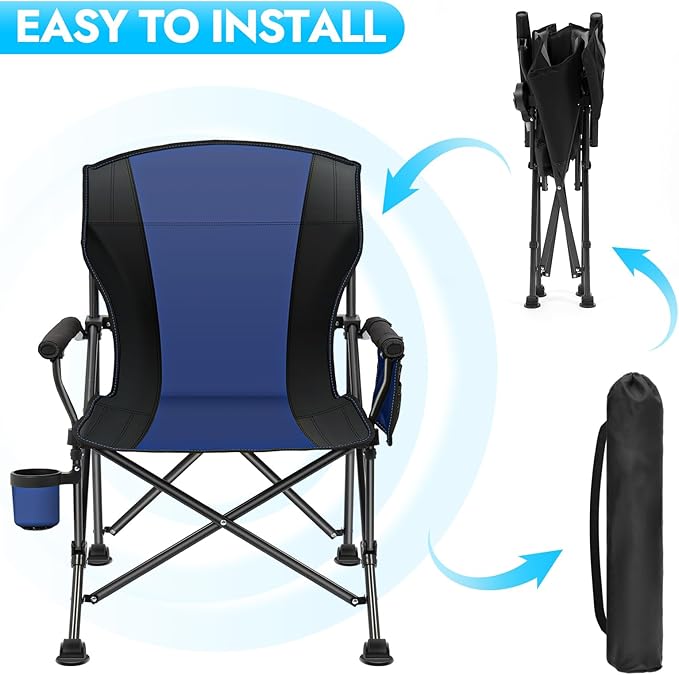 2 Pack Oversized Folding Camping Chair for Adults, Supports 450 LBS Camping Chairs, Heavy Duty Camping Chair with Side Pockets, Foldable Outdoor Chair for Camping, Beach, Fishing, Hiking, Blue-Black