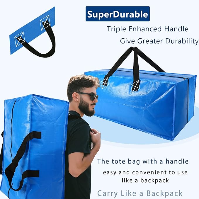 5 Pack Heavy Duty Extra Large Moving Bags Storage Tote - Strong Handles& Backpack Straps - Space Saving Storage Bags Alternative to Moving Boxes and Bins,Compatible with Ikea Frakta Cart, Blue