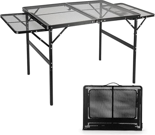 Grill Table 3FT+1.4 FT Folding Table with 2 Wing Panels with Mesh Desktop 2 Height Adjustable Portable Grill for Outdoor Indoor Beach BBQ Picnic Travel RV Black