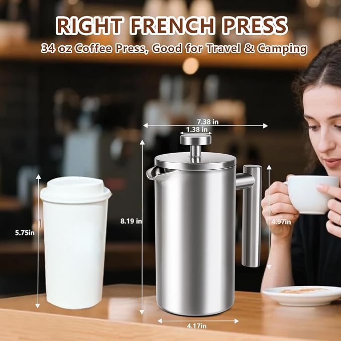 French Press 34 oz, Full Stainless Steel French Press Coffee Maker 4 Cups, Upgrated Double-Walled Insulated French Coffee Presses, Food Grade Good for Kitchen Camping, Dishwasher Safe 2 More Filters