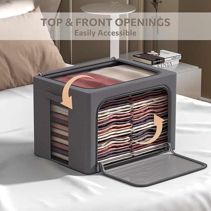 3Pack Stackable Clothes Storage Bins - Oxford Frame Storage Box Foldable Clothing Storage Container Organizer Set with Clear Window & Carry Handles Large Capacity (Dark Gray, Large-66L)