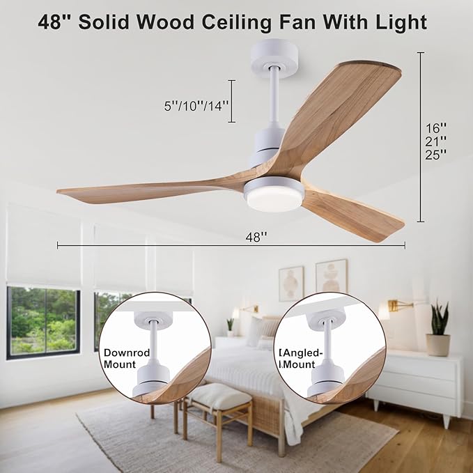 48" Wooden Ceiling Fan with Lighted Remote Control, Indoor/Outdoor Modern Fan with 3 Blades for Patio, Living Room, Farmhouse, etc (White + Wood Color)