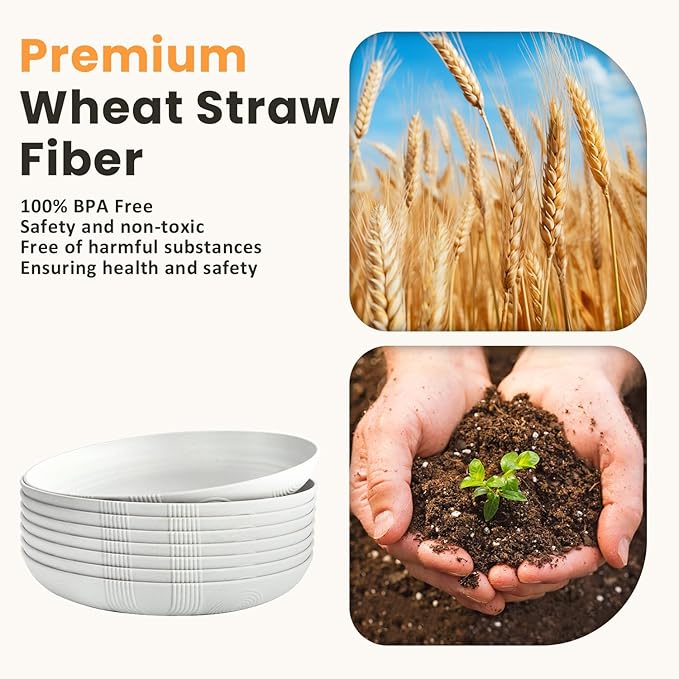 Homienly Deep Dinner Plates, Wheat Straw Plates 10 inch Set of 8, Unbreakable Plates for Kitchen, Kids, Lightweight Microwave and Dishwasher Safe Camping Plate Set for Salad, Dinner, Fruit - White