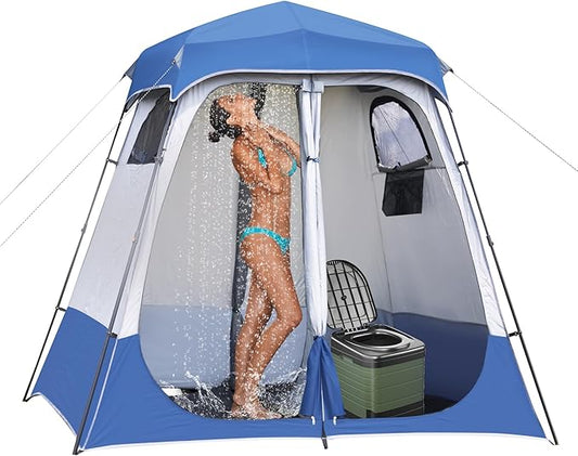 2-Room Camping Shower Tent, Instant Pop-up Privacy Shelter, Extra Large Changing Room & Toilet Tents with Ventilation, Portable Outdoor Shower with Rainfly & Floor for Dressing, Hiking, Beach, Fishing