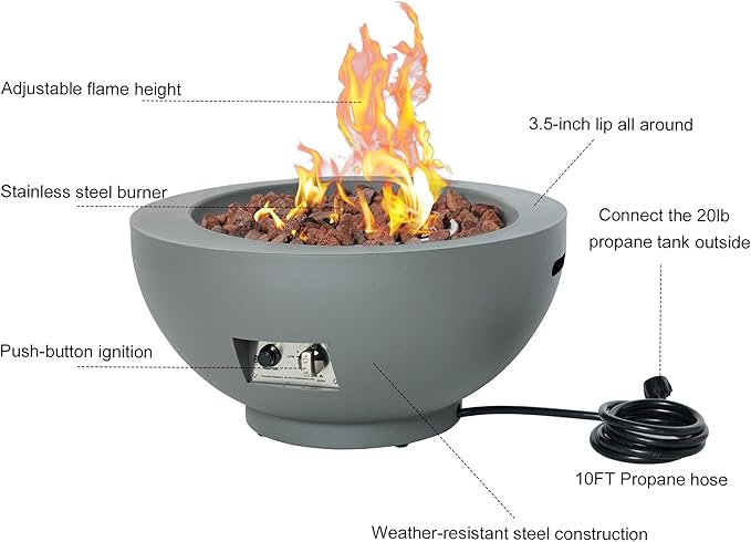 28-Inch Fire Table, 50,000 BTU Oudoor Propane Fire Pit, Patio Round Fire Bowl Gas Fire Pit Fireplace Firepit with Lid, Lava Rocks, Cover, Pre-Attached 10FT Propane Hose, Gray