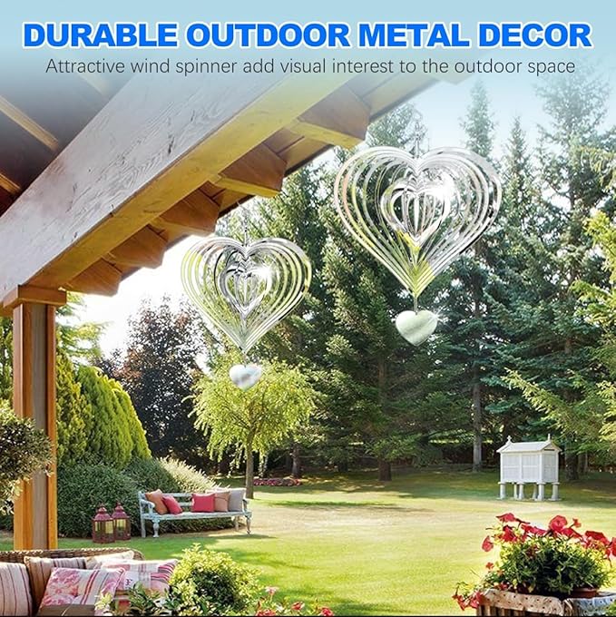 13in Wind Spinners Outdoor Silver Heart Metal Wind Spinners for Yard and Garden, Stainless Steel Hanging Wind Chimes for Outside Patio Art Decor Whirligig Gifts for Mom Gramother