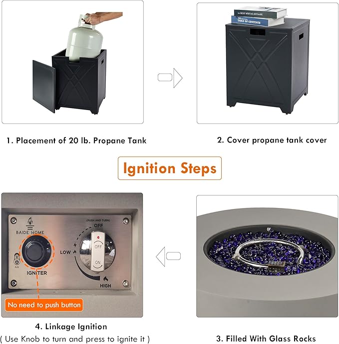 32.5-inch Outdoor Gas Fire Pit with 20lb Propane Tank Cover Table, 50,000BTU Propane Gas Fire Pits for Outside Patio w/Round Burner Lid, Glass Rocks, Pre-Attached 10ft External Gas Hose