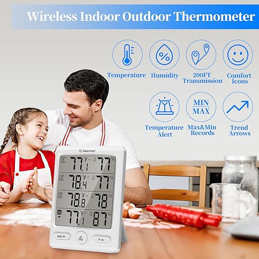 Geevon Indoor Outdoor Thermometer Wireless with 3 Remote Sensors, Digital Hygrometer Indoor Thermometer, Temperature Humidity Monitor Gauge with 200FT/60M Range (White)