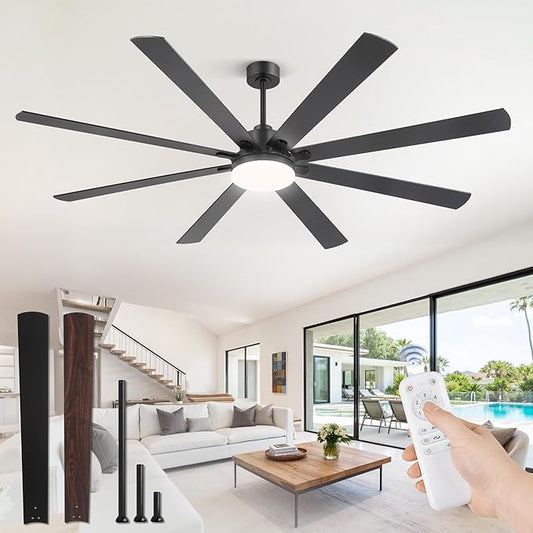 80 Inch Ceiling Fans with Lights and Remote , Indoor/Outdoor Industrial Ceiling Fan with Large LED Panel, Quiet Reversible DC Motor, 6-Speeds, 3CCT, Black Ceiling Fans for Patio, Livingroom, Garage