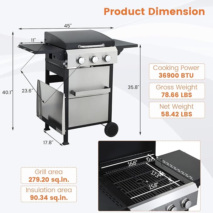 3-Burner Propane Gas BBQ Grill, SS Plancha, 36900BTU Stainless Steel Barbecue Grill With Wire Enamel Cooking Grids Foldable Side Table for Outdoor Camping (Style7: 3-Burner with SS Plancha)