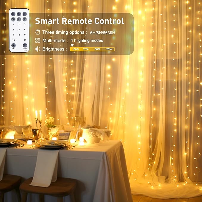 JMEXSUSS 300LED Dual Color Changing Curtain Lights with Remote, 9.8 x 9.8ft Connectable Plug in Christmas String Lights for Bedroom Backdrop Outdoor Decor, Warm White to Multicolor