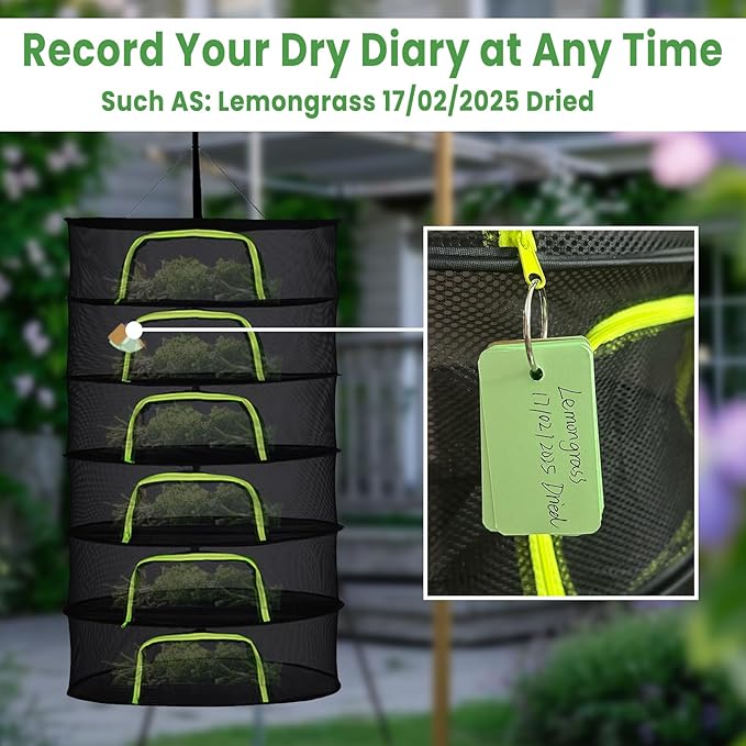 6 Layer 24" Herb Drying Rack Hanging with Garden Pruning Shears, Large Zipper, Hook & Notepad, Foldable Drying Rack for Herbs, Spices & Seasonings, Hanging Herb Dryer Indoor & Outdoor