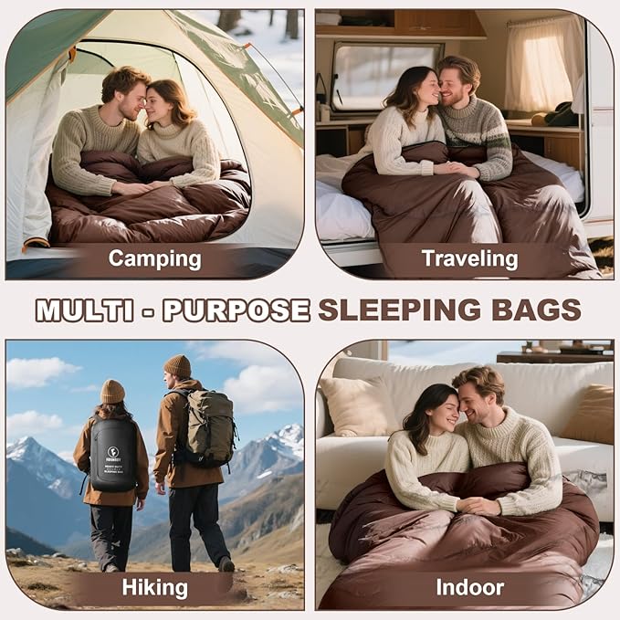 0 Degree Flannel Double Sleeping Bag for Adults, Couples or Family - Winter Queen Size Waterproof & Warm 2-Person Sleeping Bag for Cold Weather Camping, RV Travel