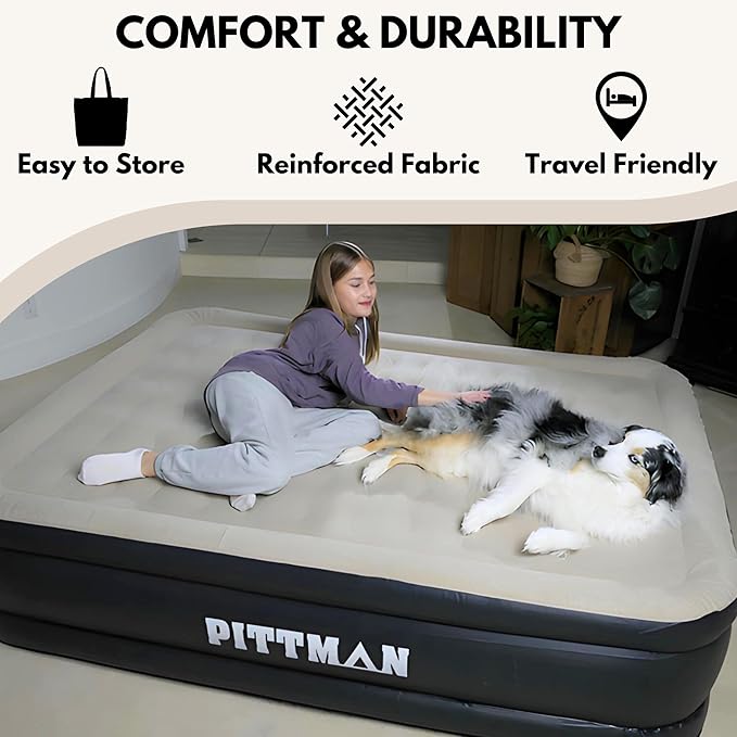 Pittman - 20" Luxury Air Mattress Queen with Built in Pump - Premium Comfort Queen Size Blow up Mattress - 700lb Capacity - Ideal for Home Visits, Guests, Travel or Camping - Includes Carry Bag