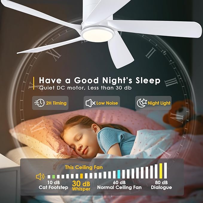 54" Flush Mount Ceiling Fan - White Low Profile Ceiling Fans with Lights and Remote/APP, 6 Speeds and Reversible 5 Fan Blades, Indoor Modern Ceiling Fan LED Light for Bedroom, Living Room
