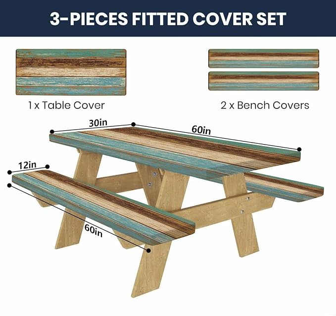 CAPSCEOLL Elastic Picnic Table Cover with Bench Covers 5Ft Waterproof Fitted Picnic Table Cover Cloths for Outdoors Camping Tablecloth with Drawstring Bag, 60X30in, Blue Brown Wood