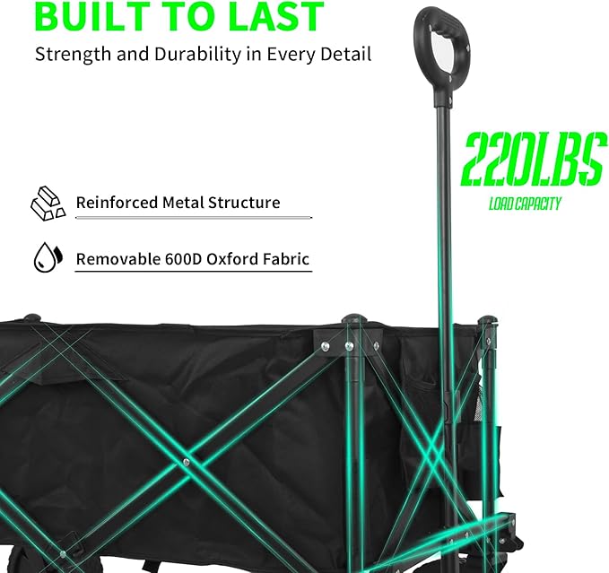 Collapsible Folding Wagon,Utility Beach Wagon Cart Heavy Duty Foldable with All-Terrain Wheels,Large Capacity Foldable Grocery Wagon for Garden Sports Outdoor Camping（Black）