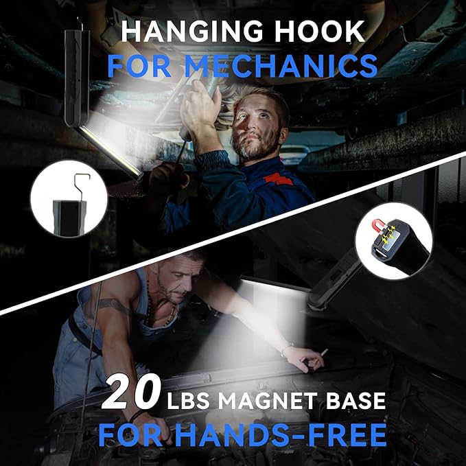 Durapower Rechargeable LED Mechanic Work Light Foldable Magnetic Flashlight Automotive Work Light, Hook, 270º Rotate, Power Indicator for Mechanic, Repair