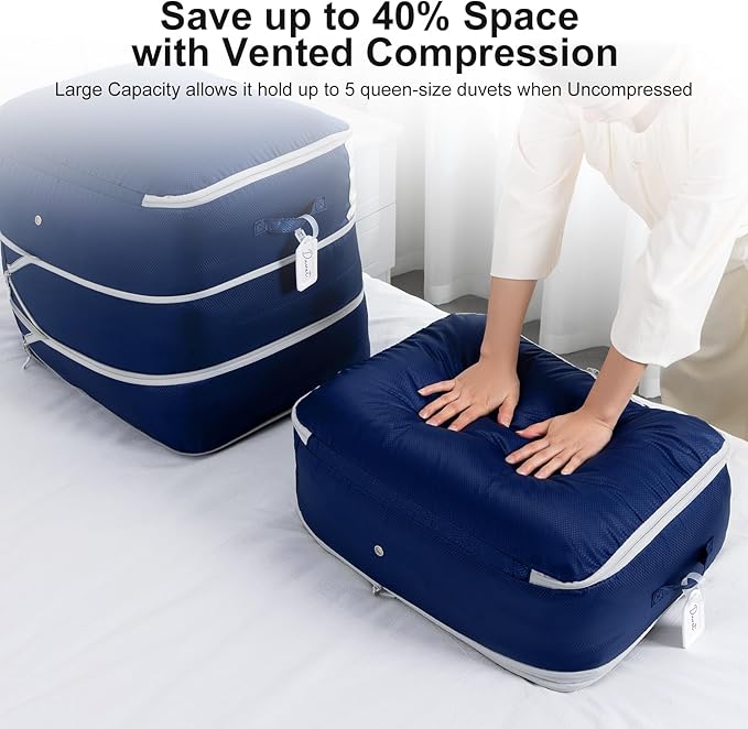 Comforter Storage Bag - Large Capacity Blanket Storage Bags 3-Layer Ultra Space Saving Self Compression Organizer, Washable Compression Bags for Storage Comforter Blanket, 2-Pack, Navy Blue