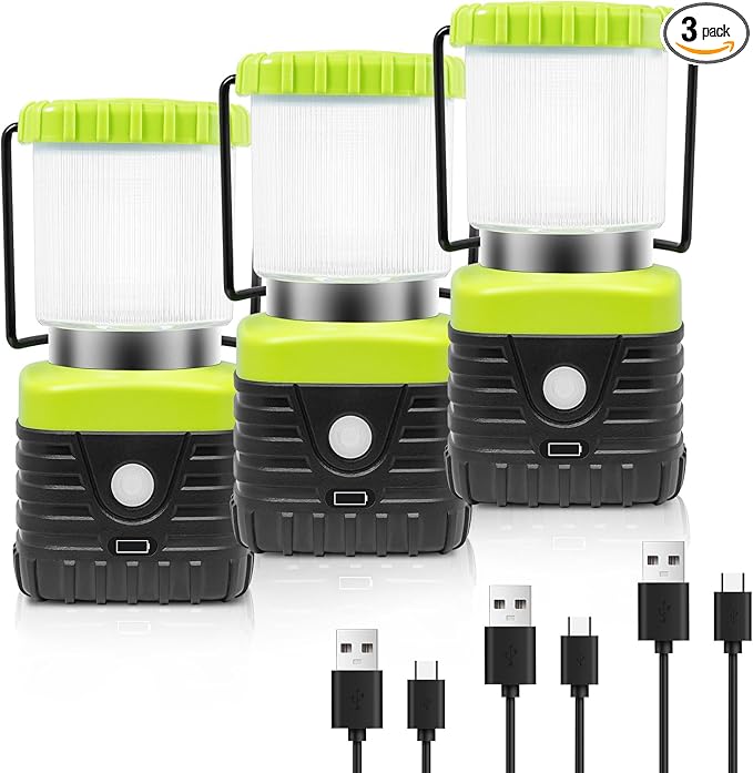 3PCS 3200K Warm Light LED Camping Lantern Rechargeable 1000LM, 4500mAh Power Bank, Flashlight for Hurricane Emergency, Hiking, IP44 Waterproof Lantern(Green)