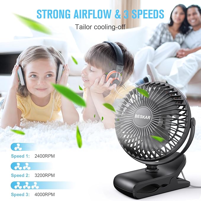 BESKAR Small Clip on Fan, 3 Speeds USB Fans with Strong Airflow, Clip & Desk Fans USB Plug in with Sturdy Clamp - Ultra Quiet operation for Office Dorm Bedroom Stroller