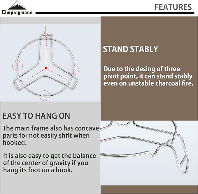 CAMPINGMOON Camping Campfire Trivet Cooking Stand Open Fire Tripod MS-69 Stainless Steel