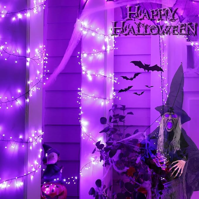 Halloween Fairy Lights Plug in, 10Feet 200 LEDs Firecracker String Lights with Remote, Waterproof Cluster String Lights for Ceiling Bedroom Wreath Window Bar Haunted Theme Halloween Decoration, Purple
