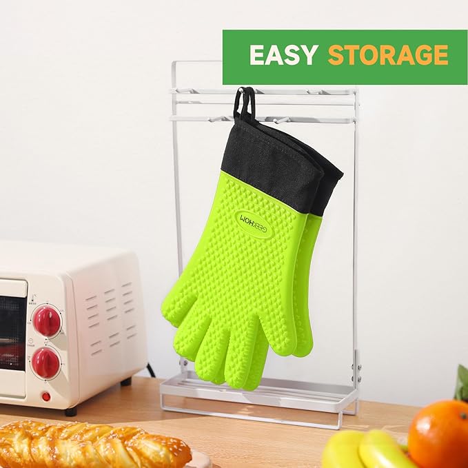 GEEKHOM BBQ Gloves Heat Resistant Oven Mitts - Silicone Grilling Gloves with 13.7" Arm Protection - Waterproof Pot Holder Non-Slip for Men & Women, Kitchen Outdoor Cooking, Baking, Camping, Green