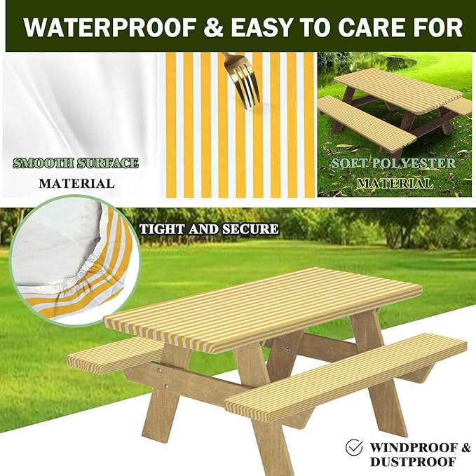 CAPSCEOLL Elastic Picnic Table Cover with Bench Covers 5Ft Waterproof Fitted Picnic Table Cover Cloths for Outdoors Camping Tablecloth with Drawstring Bag, 60X30in, Orange White