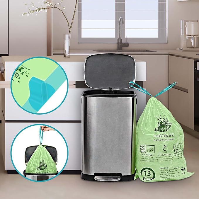 13 Gallon,50 Count, Compostable Trash Bags with Drawstring,Tear Resistant Kitchen Food Scrap Waste Bag, ASTM D6400, US BPI and Europe OK Compost Home Certified