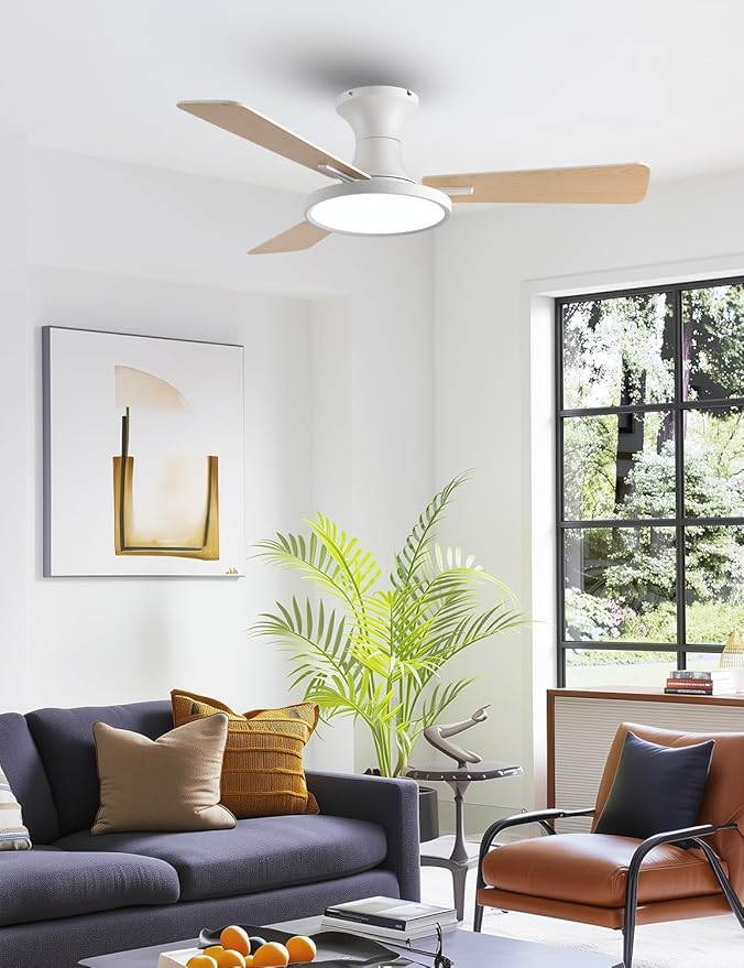 Orison Ceiling Fans with Lights, 42 inch Low Profile Ceiling Fan with Light and Remote Control, White Bedroom Ceiling Fans with Light,3CCT,Reversible,Dimmable,Noiseless,Indoor/Outdoor Use