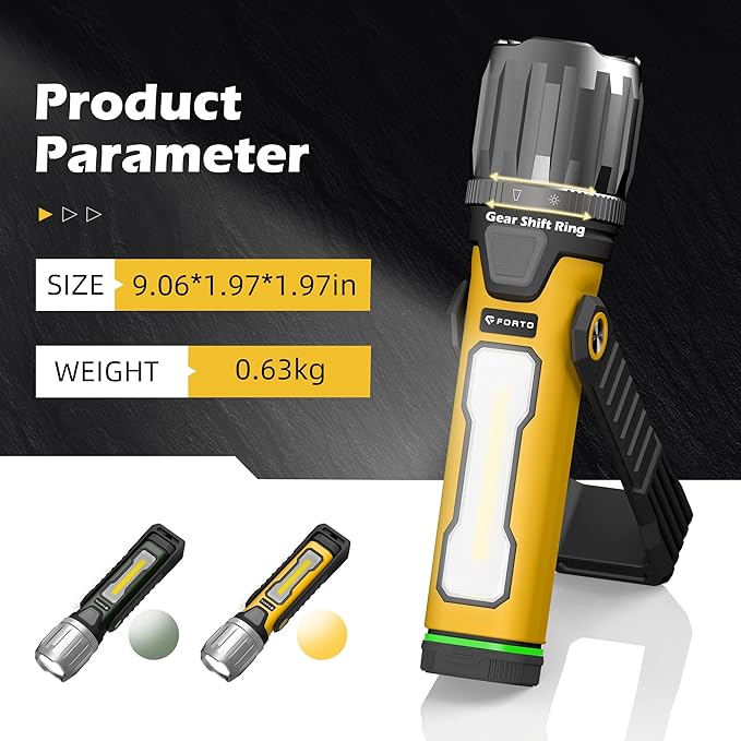 FORTO Magnetic Work Light 2000LM, 5000mAh Rechargeable Flashlight, IPX8 Waterproof Worklight with 240° Rotating Handle, for Emergency, Camping, Garage, Car Repair, Hurricane, Power Outage (Yellow)