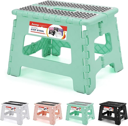 ACSTEP 9 Inch Folding Step Stool 300 LB Capacity Non Slip Foot Stool with Handle Plastic Foldable Step Stools for Kids Stepping Stool for Bathroom Black Small Step Stool (1 PC Teal)