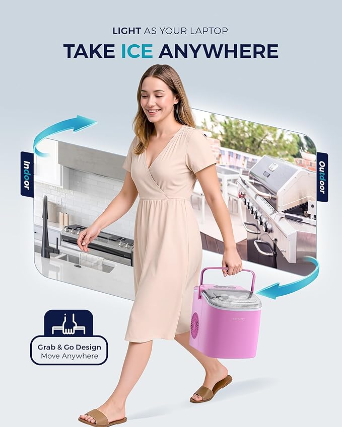 EUHOMY Countertop Ice Maker Machine with Handle, 26lbs in 24Hrs, 9 Ice Cubes Ready in 6 Mins, Auto-Cleaning Portable Ice Maker with Basket and Scoop, for Home/Kitchen/Camping/RV. (Pink)