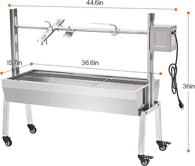 Jocisland Electric BBQ Rotisserie Grill Kit, 42" 132 Lbs Capacity, 45W Motor, Height-Adjustable Stainless Steel Pig Lamb Charcoal Rotisserie Roaster with Lockable Wheels for Camping Outdoor