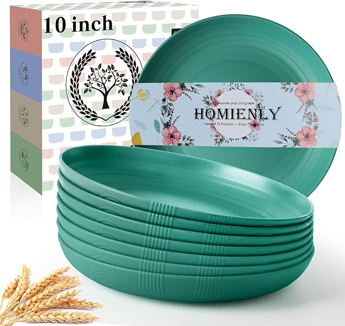 Homienly Wheat Straw Dinner Plates Set of 8, Unbreakable Salad Plates, 10 Inch Lightweight Roud Plates for Kitchen, Camping, Picnic, Microwave and Dishwasher Safe Plate with Non-Slip Pattern(Green)