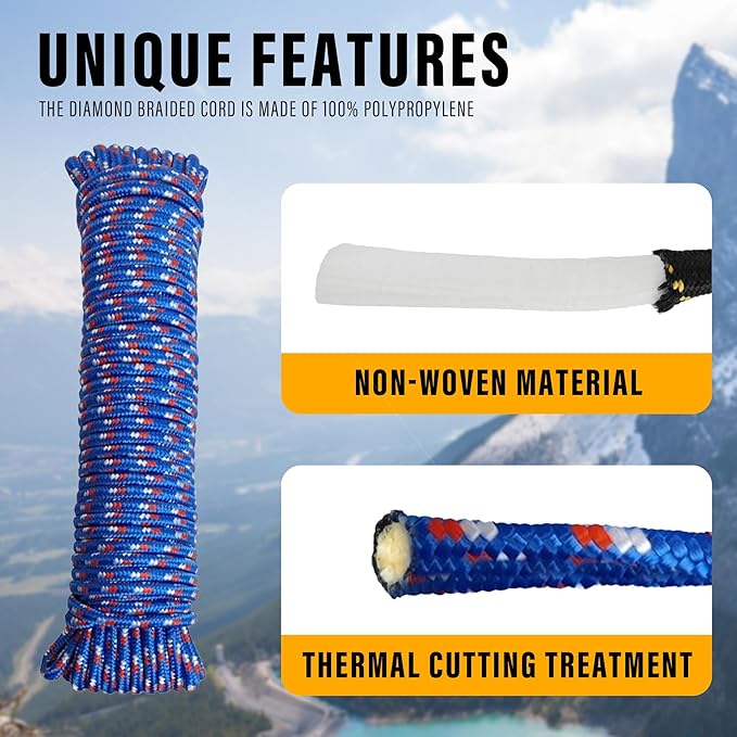 Diamond Braided Polypropylene Rope Nylon Rope Mix Thick Heavy Duty Ropes 3/8 inch 100ft High Strength Perfect for Clothesrope Camping Hiking and Other Outdoor Activities 100ft Blue