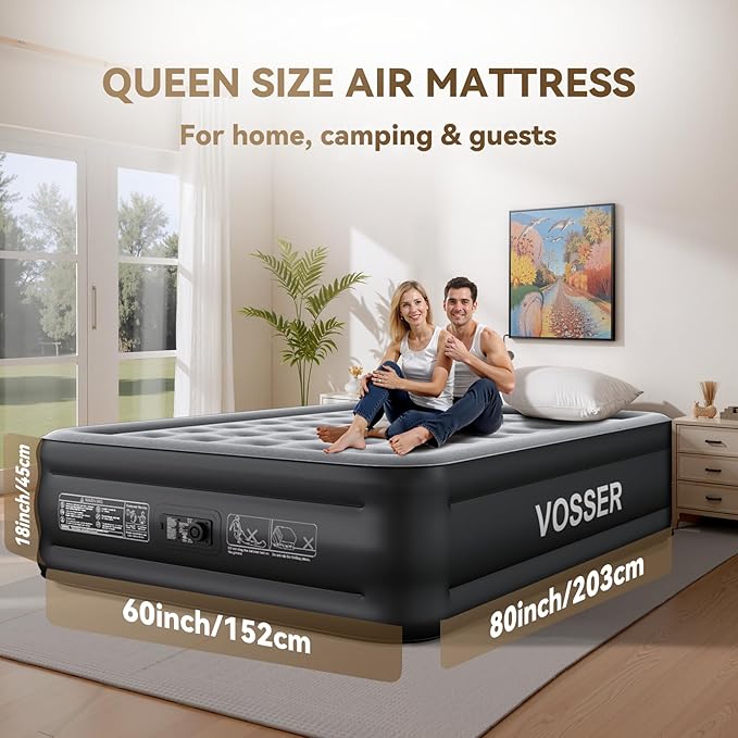 Air Mattress Queen with Built in Pump,Blow Up Mattress in 3 Mins,18'' Raised Self Inflatable Mattress,Portable Airbed for Home,Floor&Camping,Queen Size Air Matress for Adults,660LB Max,Black