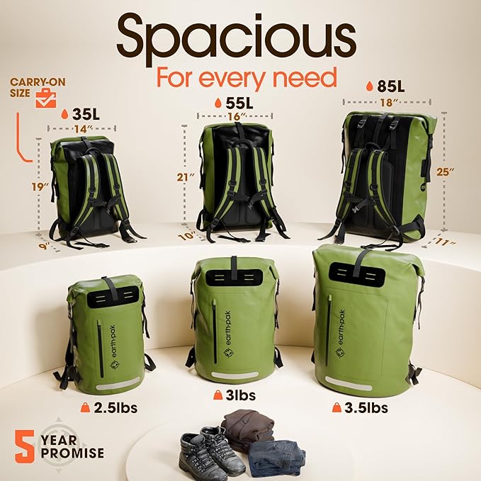 Earth Pak Waterproof Backpack - Heavy Duty Hiking Backpack - Roll-Top Closure Bag - Cushioned Dry Bag Waterproof Phone Case