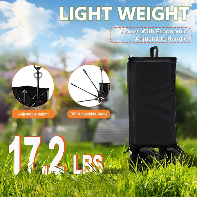 Collapsible Wagon Cart with Brake, Foldable Wagon Cart with All Terrain Wheels, Large Grocery Carts On Wheels, Heavy Duty Utility Wagons for Shopping Beach Sports Fishing Camping, 130L, Black