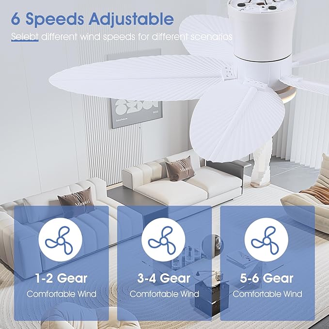 Palm Leaf Ceiling Fans with Lights-42 Tropical Ceiling Fan with Light and Remote/APP Control,Flush Mount Low Profile White Ceiling Fans for Bedroom,Indoor/Outdoor Patio Use