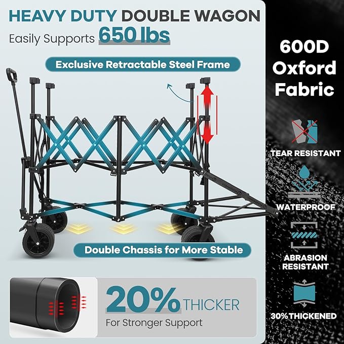 FUNDANGO Double Decker Wagon – 660L Extra High Extender Collapsible Wagons Carts Foldable Heavy Duty with Tailgate, Brakes & All-Terrain Big Wheels for Sports, Camping, Grocery Shopping, Blue