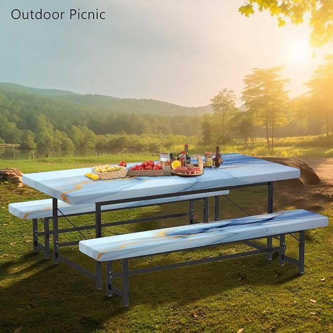 CAPSCEOLL Fitted Picnic Table Cover with Bench Covers with Elastic 8Ft Waterproof Camping Picnic Table Cover Cloths for Outdoors Camping Tablecloth with Drawstring Bag, 96X30in, Blue Marble