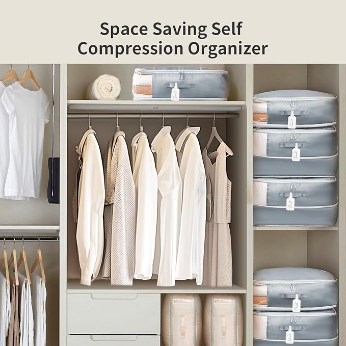 DIMJ Comforter Storage Bag - Large Capacity Ultra Space Saving Self Compression Organize for Duvet, Pillow, Bedding, Blanket Storage Organizer Nylon Compression Bags, Sheet Storage with Zipper, 4 Pack